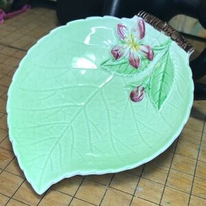 Leaf Bowl Trinket Holder Embossed Pink Flower and Bamboo Handle Details EVC